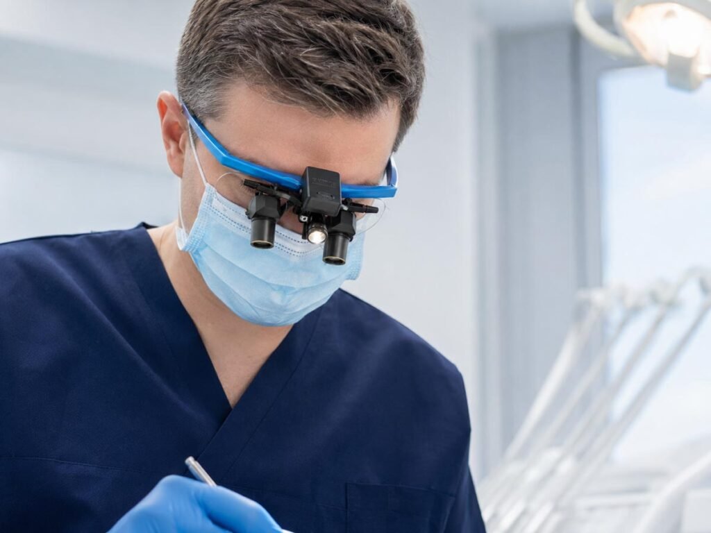 Dental professional wearing blue-frame loupes with an integrated LED light