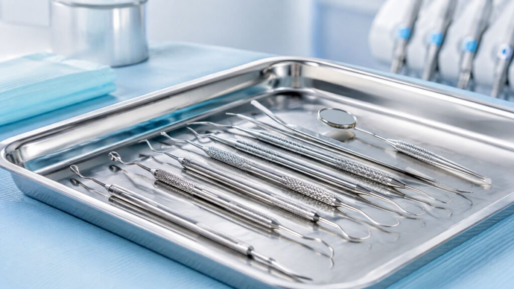 Dental instruments arranged on a tray for professional instrument sharpening