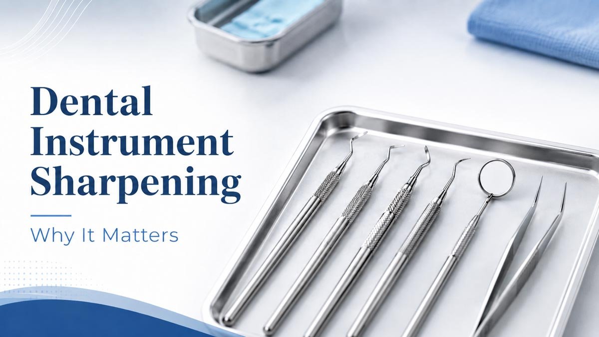 Dental instruments arranged on a tray for professional instrument sharpening