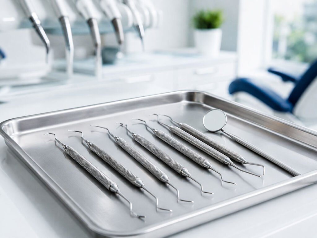 Dental scalers and curettes arranged on a stainless steel instrument tray
