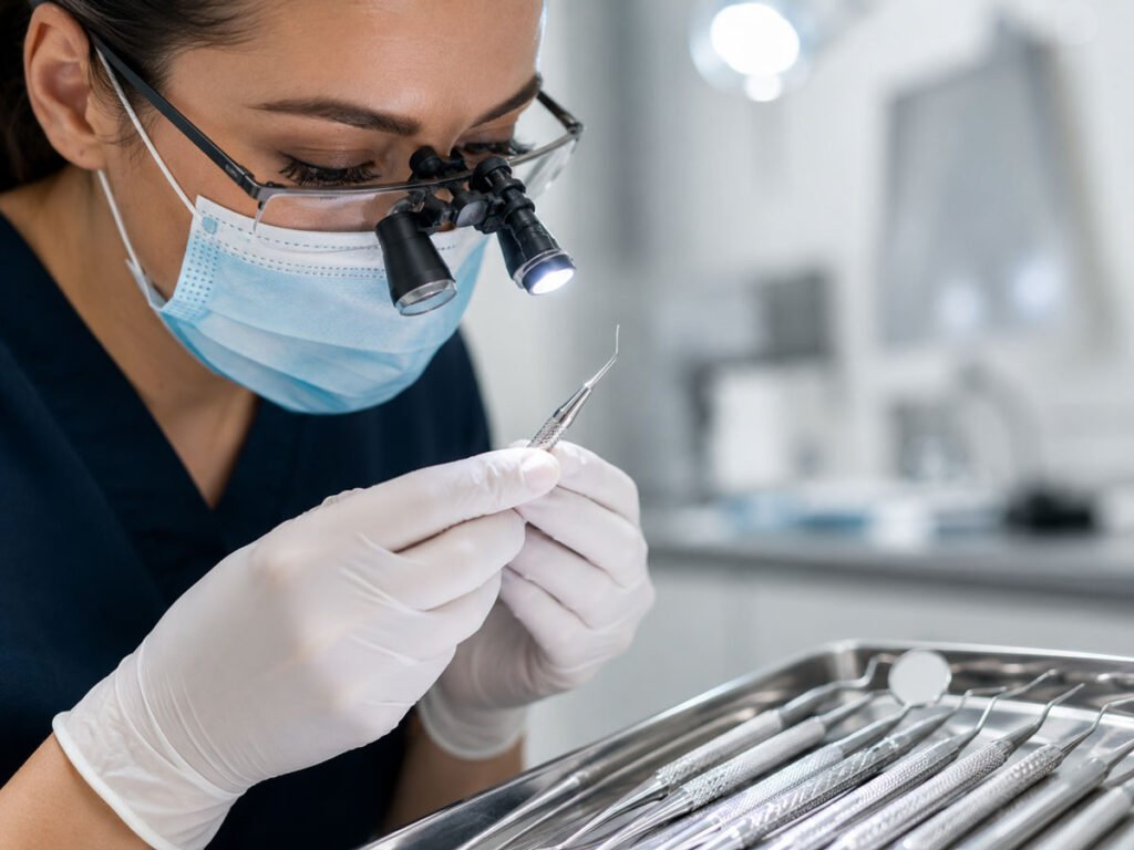 Dental professional inspecting a hand instrument under magnification